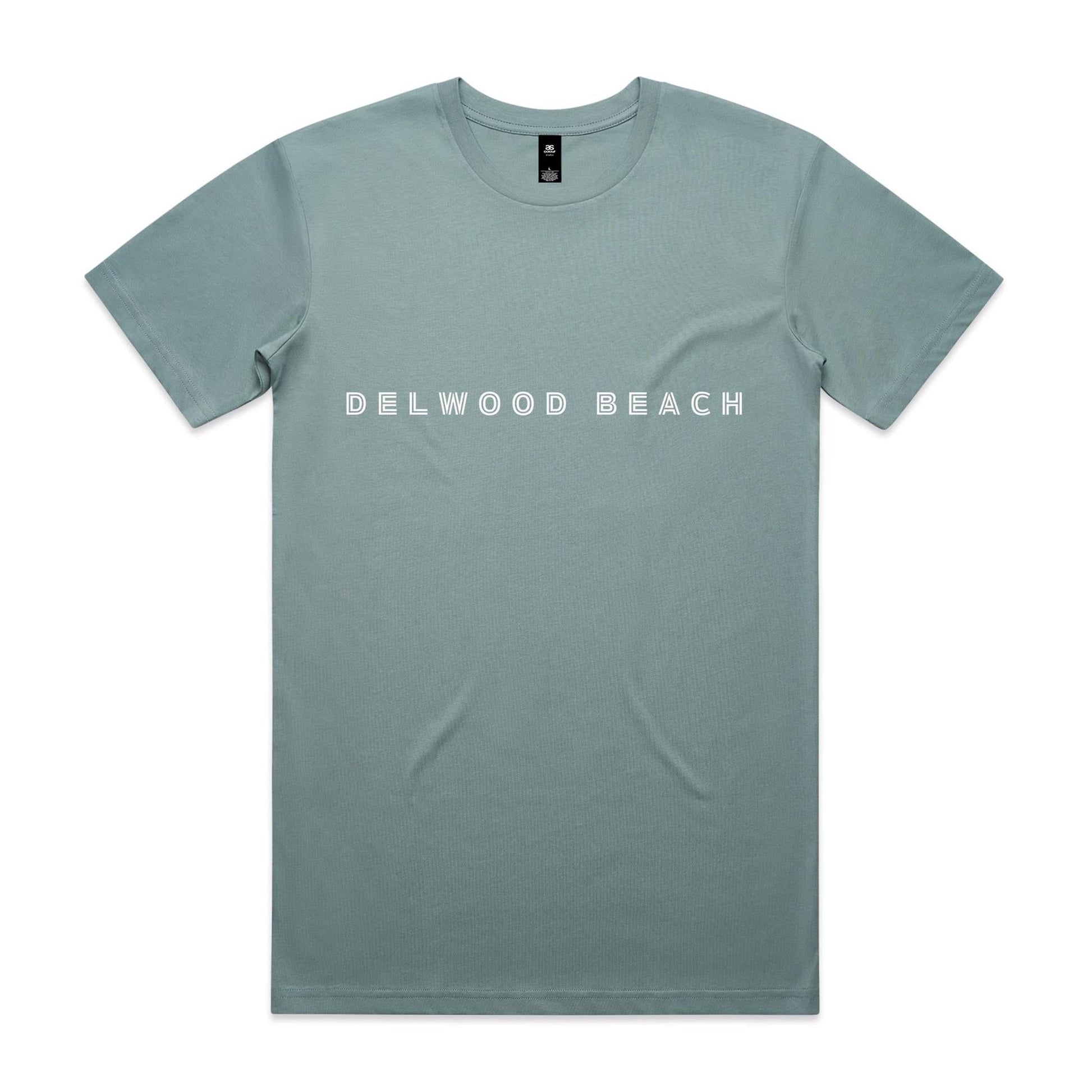 Delwood Beach custom logo printed on AS Colour Staple Tee 