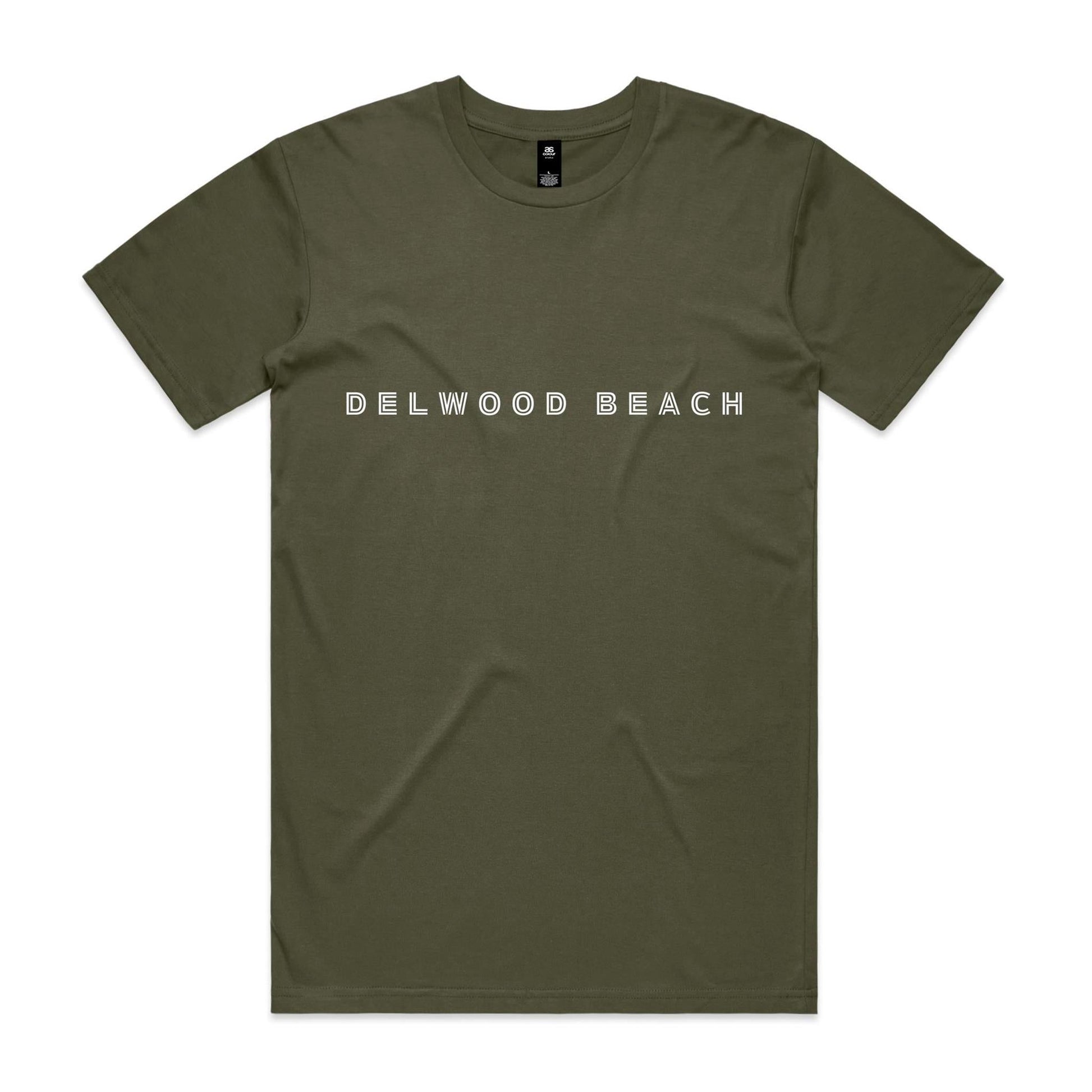 Delwood Beach custom logo printed on AS Colour Staple Tee 