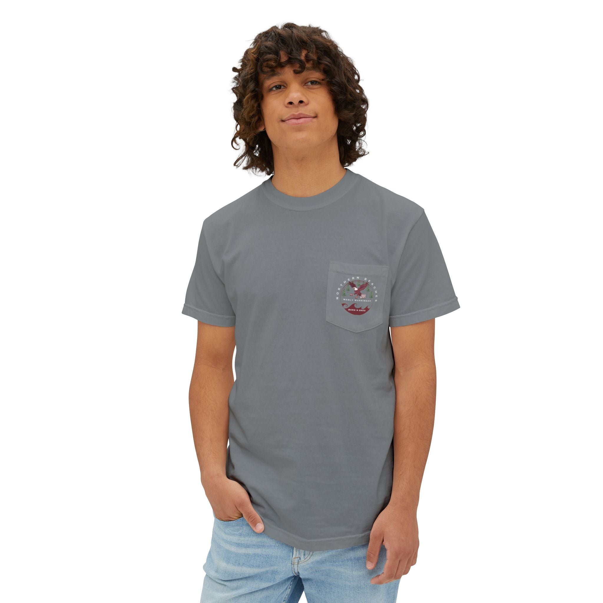 "The Westwood" Northern Beaches custom logo on front and back Pocket T-Shirt - Vintage Style for Beach Lovers Printify