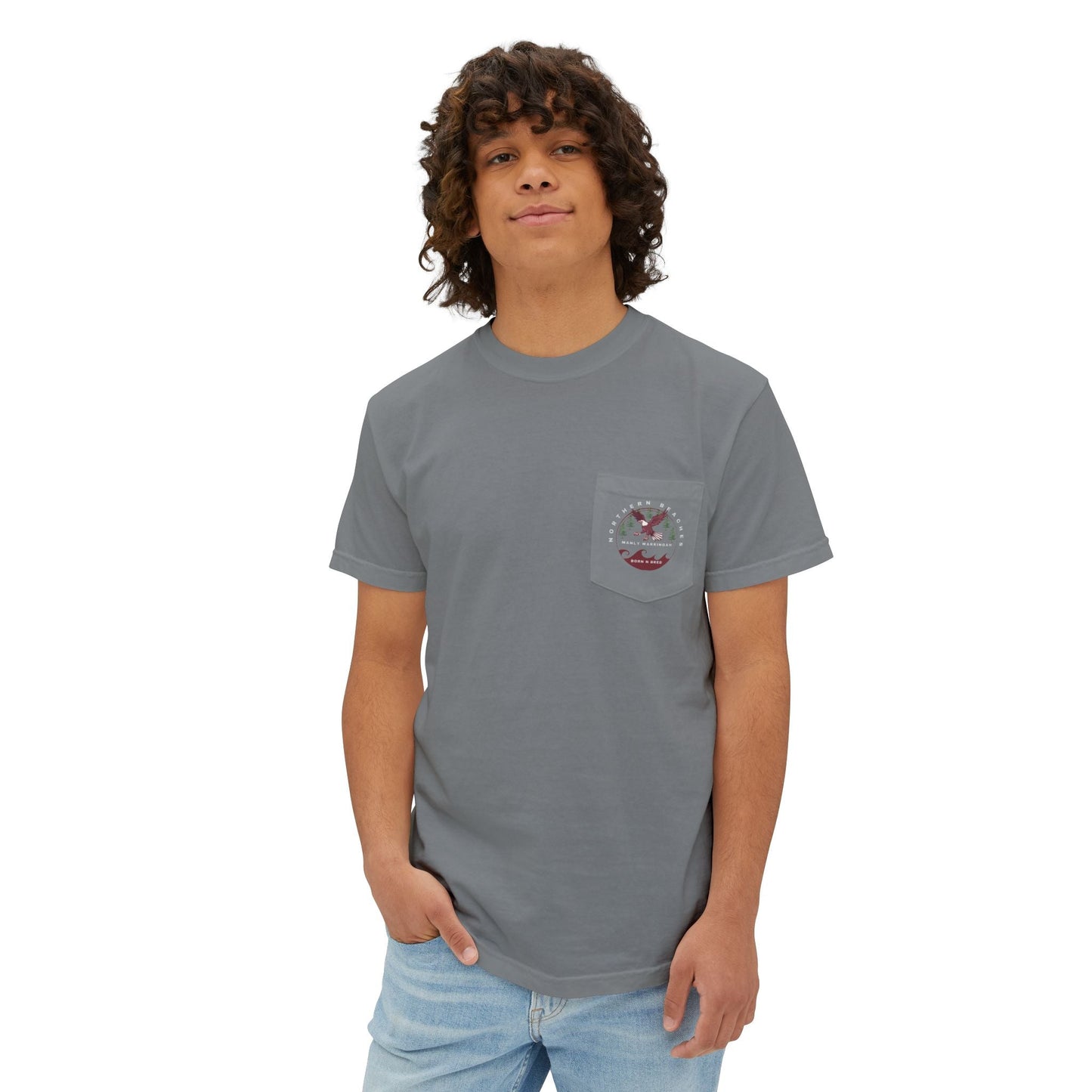 "The Westwood" Northern Beaches custom logo on front and back Pocket T-Shirt - Vintage Style for Beach Lovers
