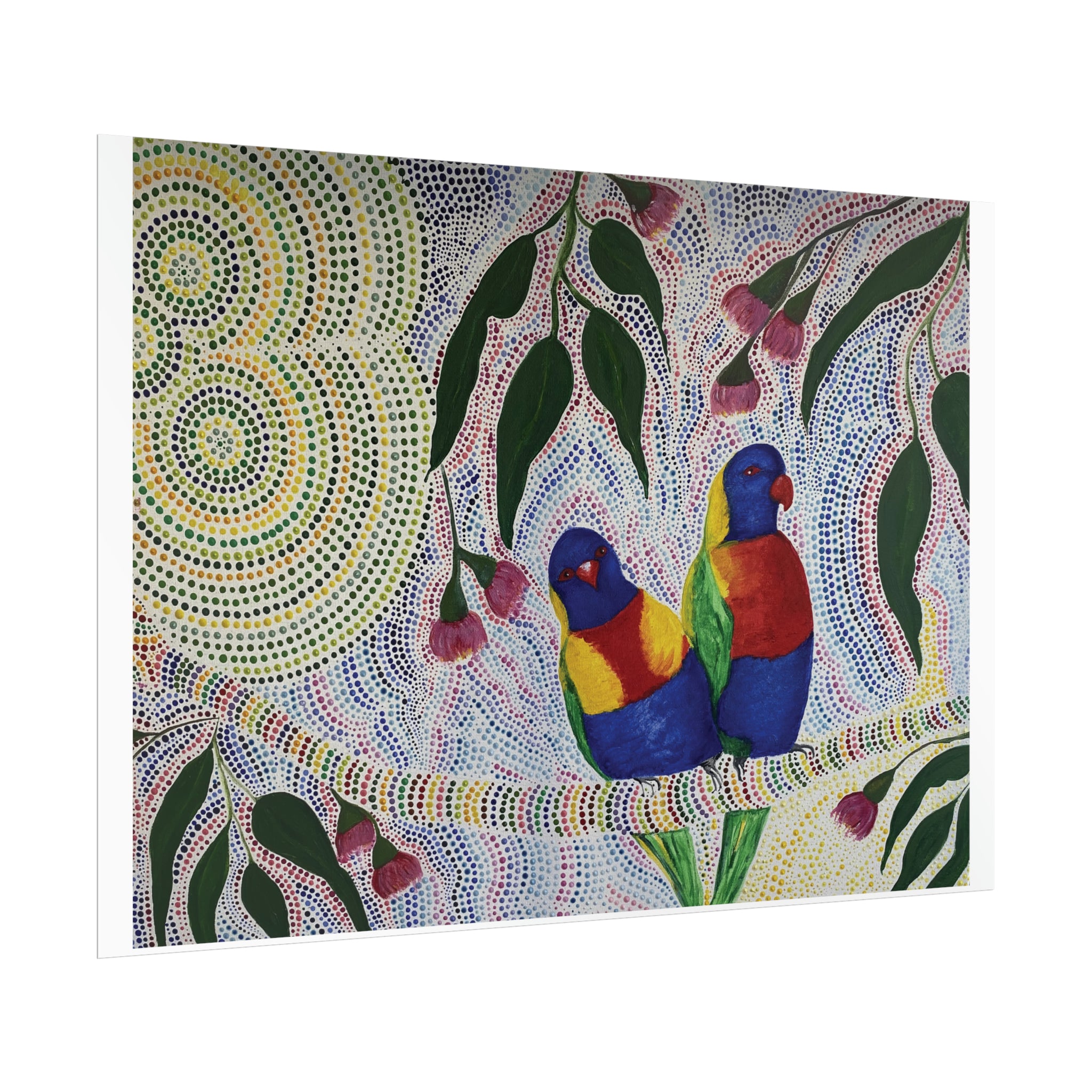 Two Rosellas in a Gum Tree Artist Kim's Dot Paintings Rolled Poster - Lost Manly Shop