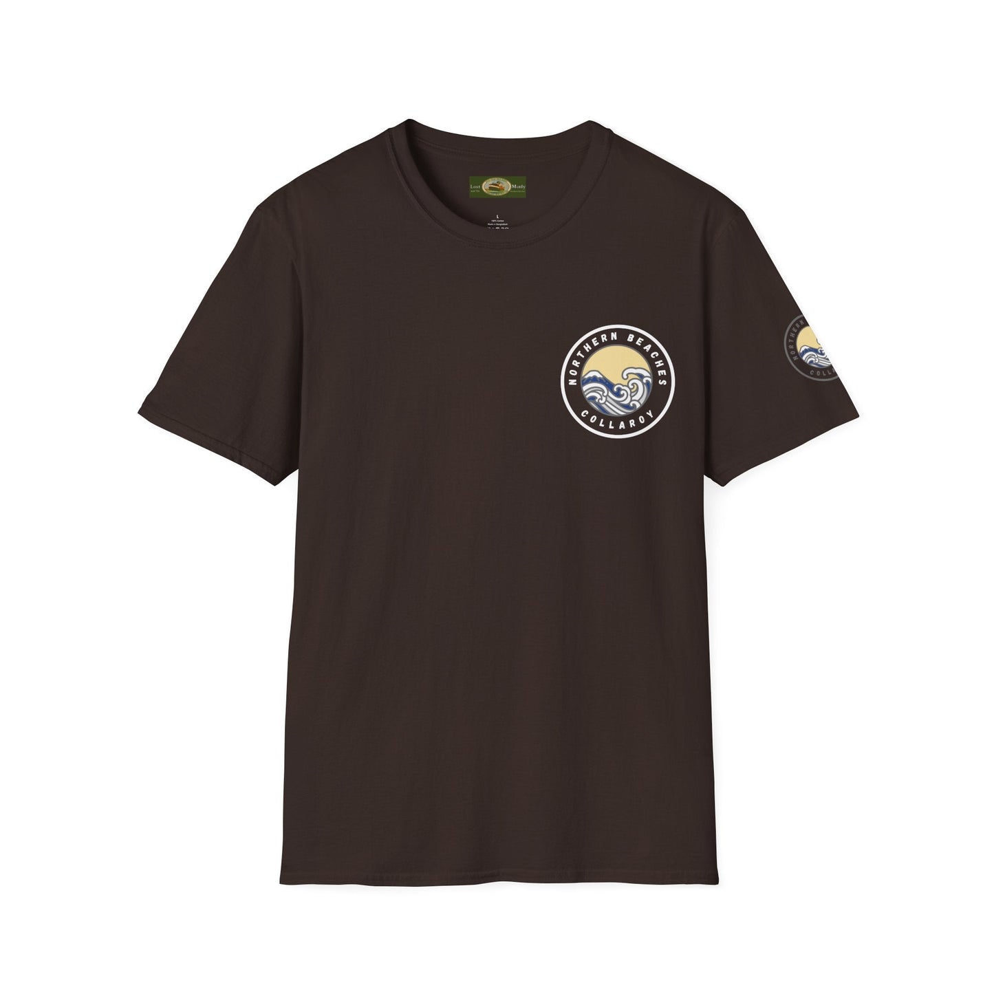 Collaroy custom logo front and sleeve. Lost Manly label. Unisex Soft style T-Shirt Printify