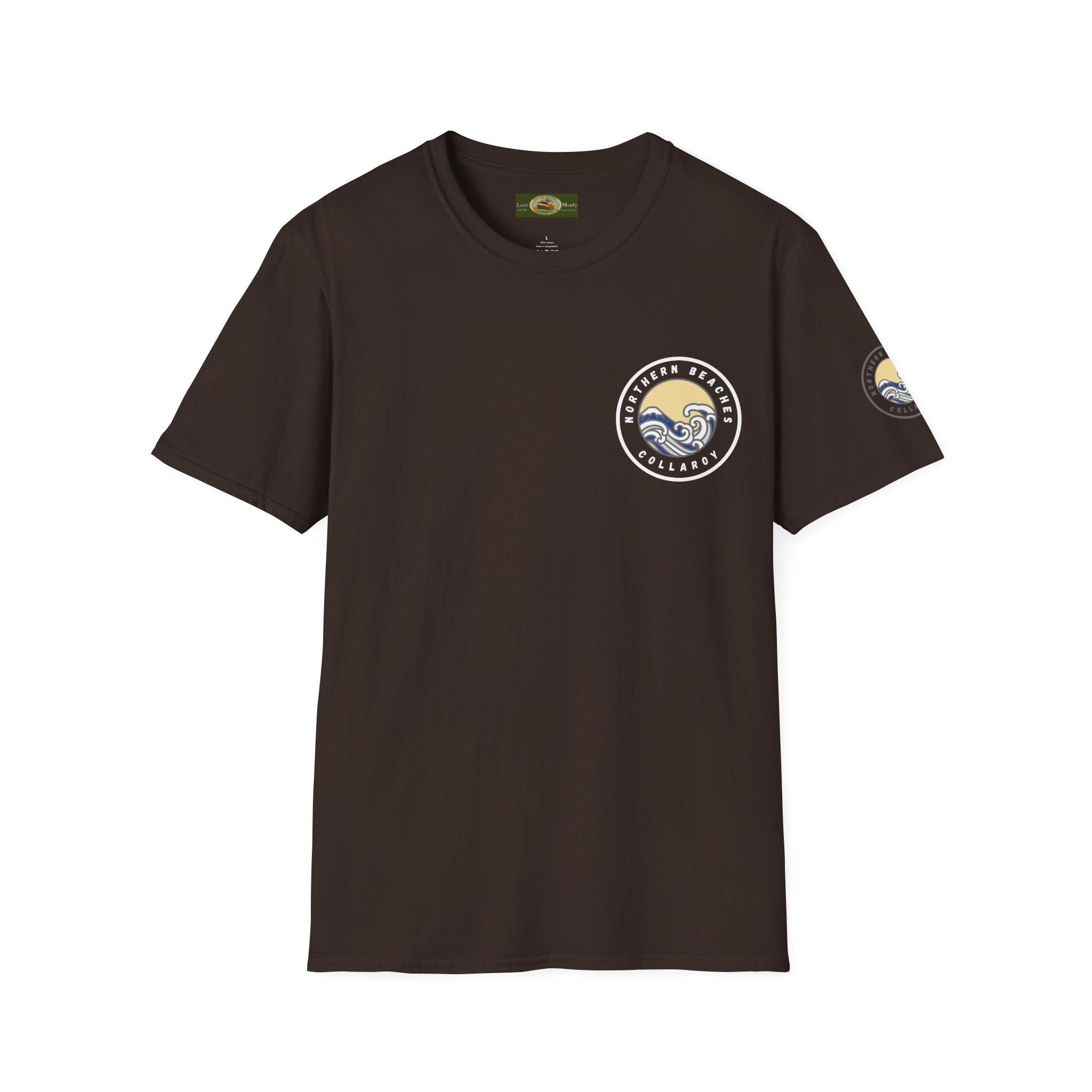 Collaroy custom logo front and sleeve. Lost Manly label. Unisex Soft style T-Shirt Printify