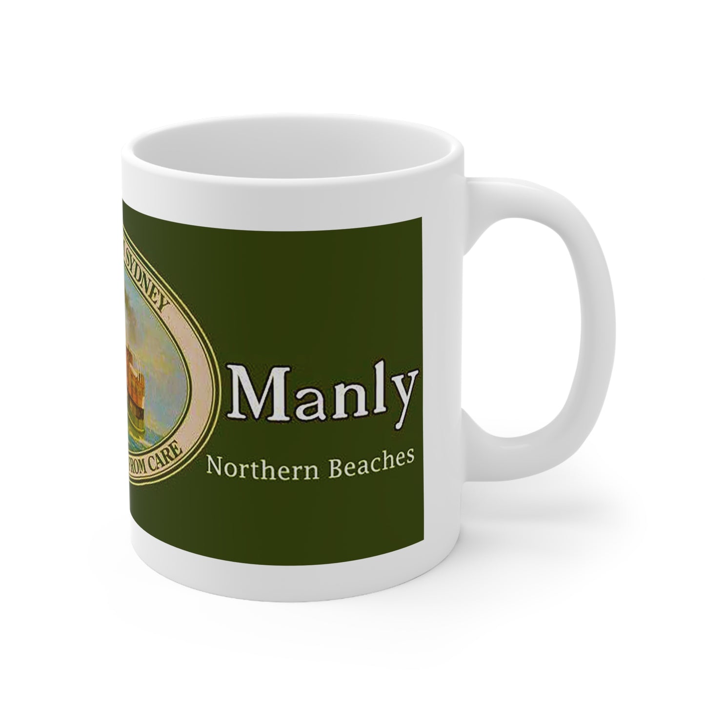 Coffee Mug - LOST MANLY LOGO 'Seven Miles from Sydney' South Steyne Travel Poster from the 1940s - 10 year Anniversary Commemorative Mug - Lost Manly Shop