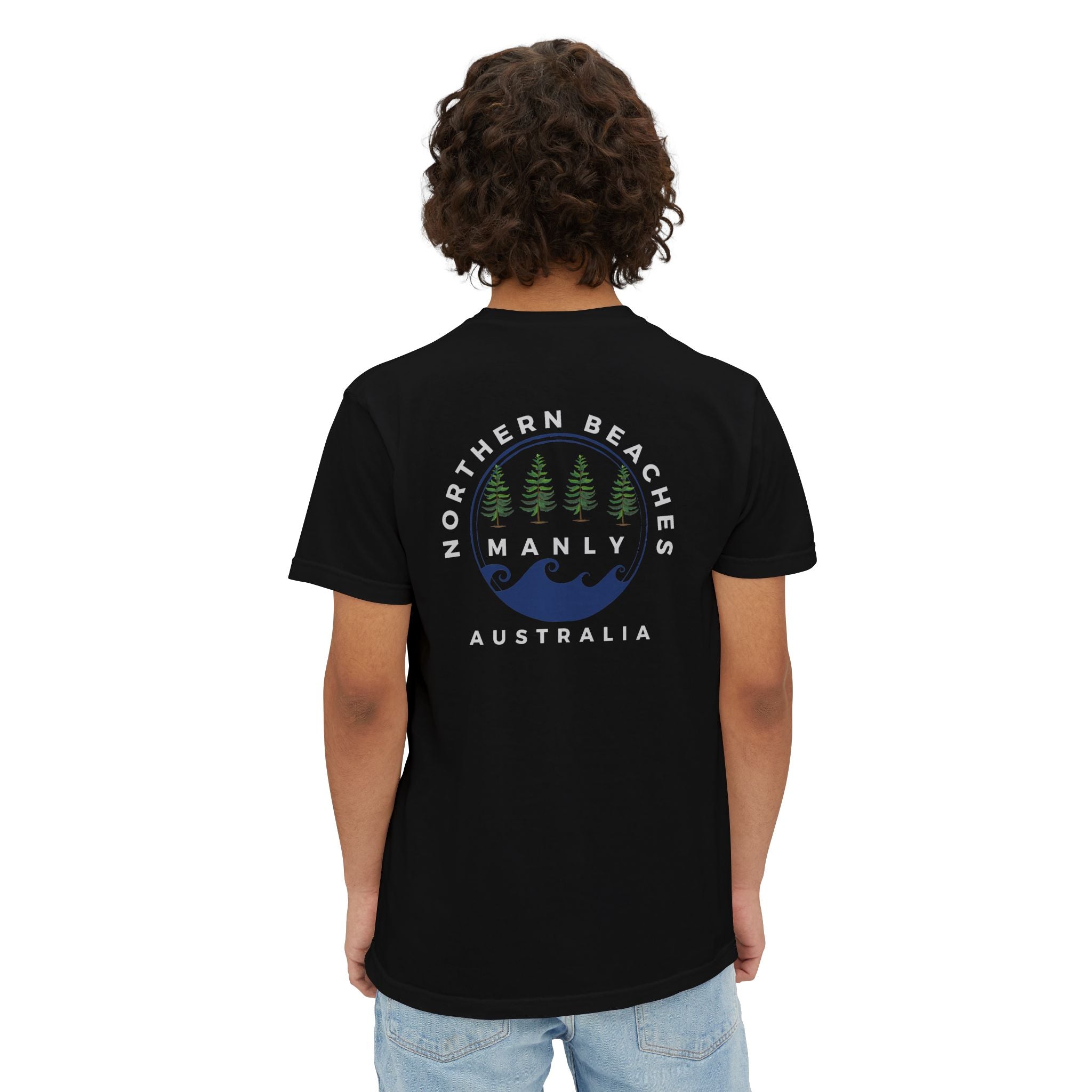 "The Westwood" Northern Beaches custom logo on front and back Pocket T-Shirt - Vintage Style for Beach Lovers Printify