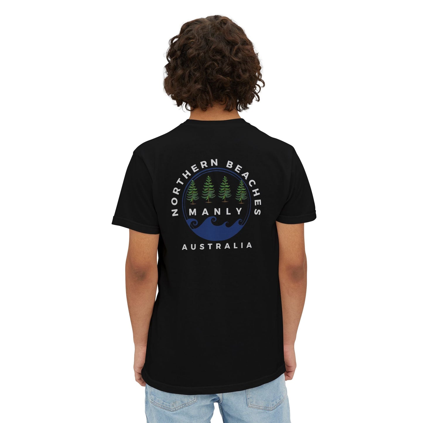 "The Westwood" Northern Beaches custom logo on front and back Pocket T-Shirt - Vintage Style for Beach Lovers