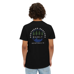 "The Westwood" Northern Beaches custom logo on front and back Pocket T-Shirt - Vintage Style for Beach Lovers Printify