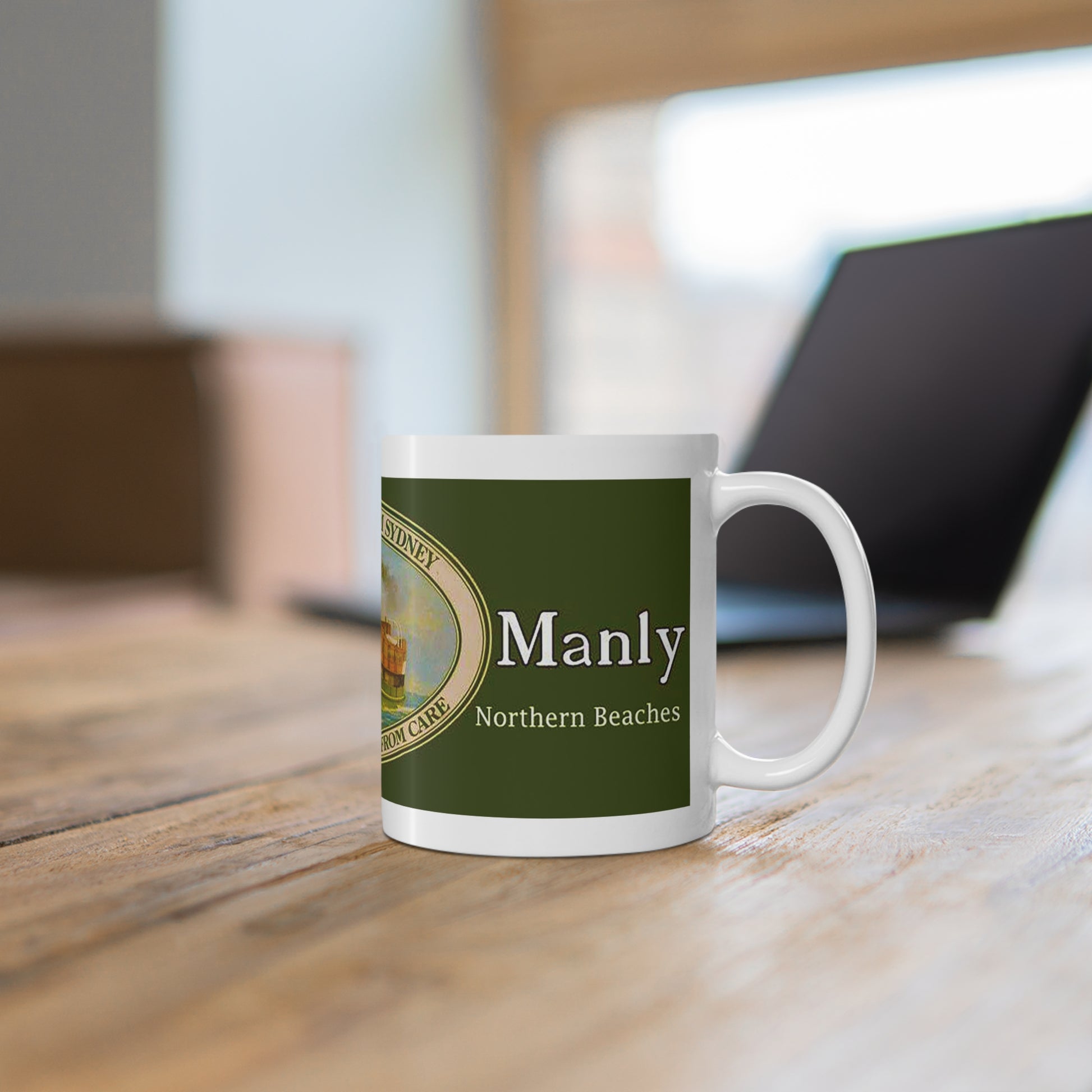 Coffee Mug - LOST MANLY LOGO 'Seven Miles from Sydney' South Steyne Travel Poster from the 1940s - 10 year Anniversary Commemorative Mug - Lost Manly Shop