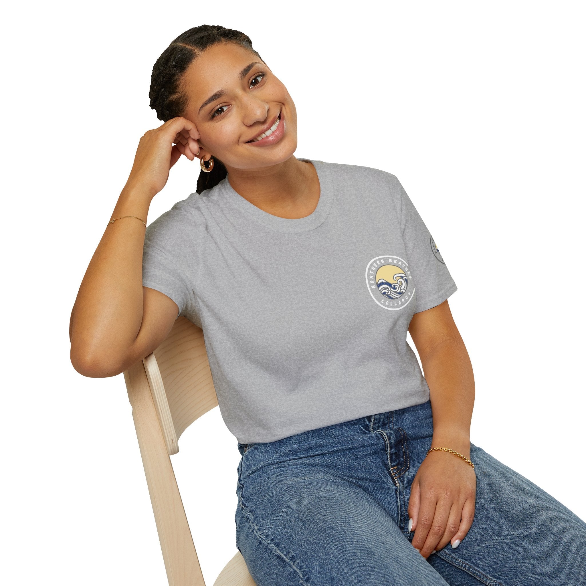 Collaroy custom logo front and sleeve. Lost Manly label. Unisex Soft style T-Shirt Printify