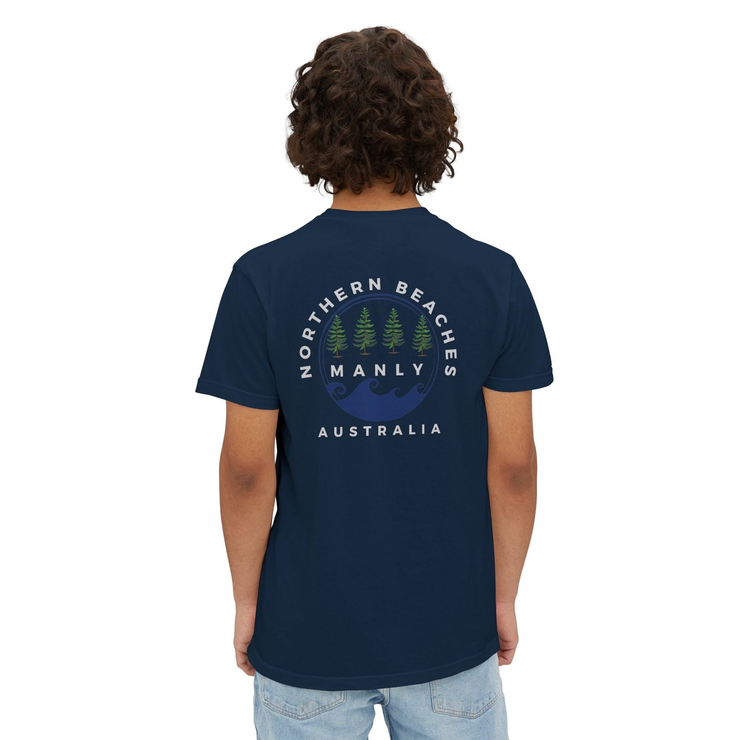 "The Westwood" Northern Beaches custom logo on front and back Pocket T-Shirt - Vintage Style for Beach Lovers