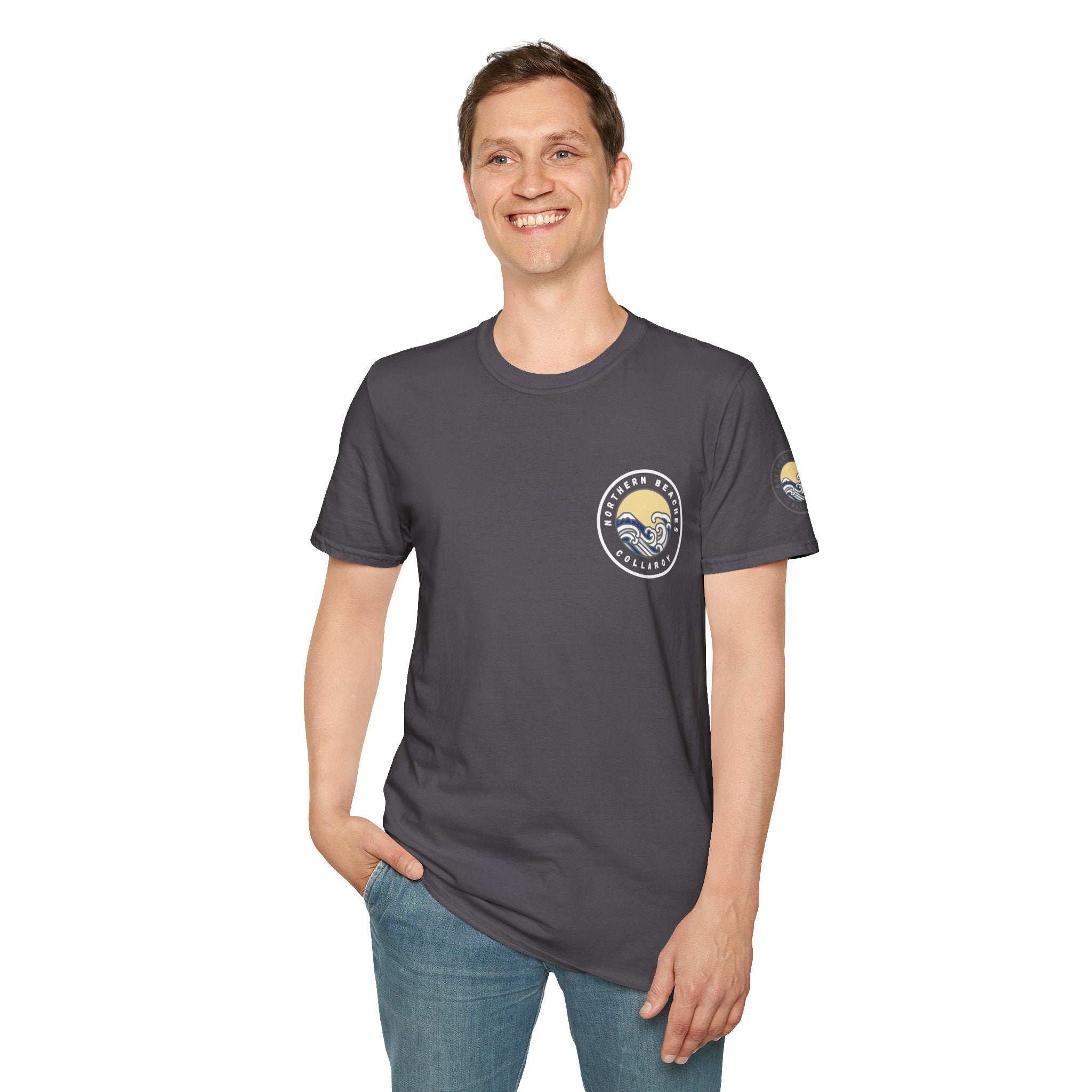 Collaroy custom logo front and sleeve. Lost Manly label. Unisex Soft style T-Shirt Printify