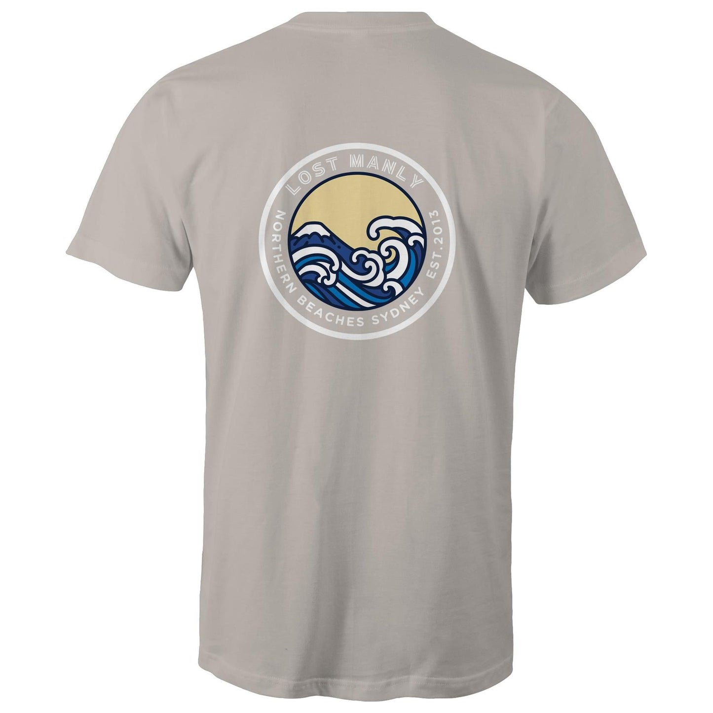 AS Colour Staple - Mens T-Shirt Lost Manly Northern Beaches Est. 2013 logo back - Lost Manly Shop
