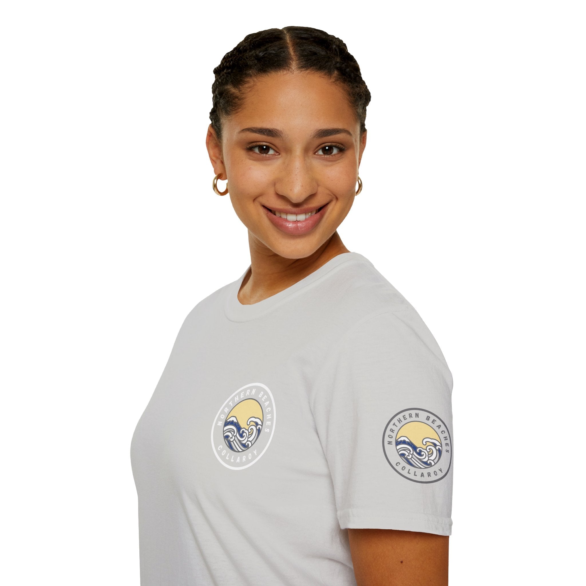 Collaroy custom logo front and sleeve. Lost Manly label. Unisex Soft style T-Shirt Printify