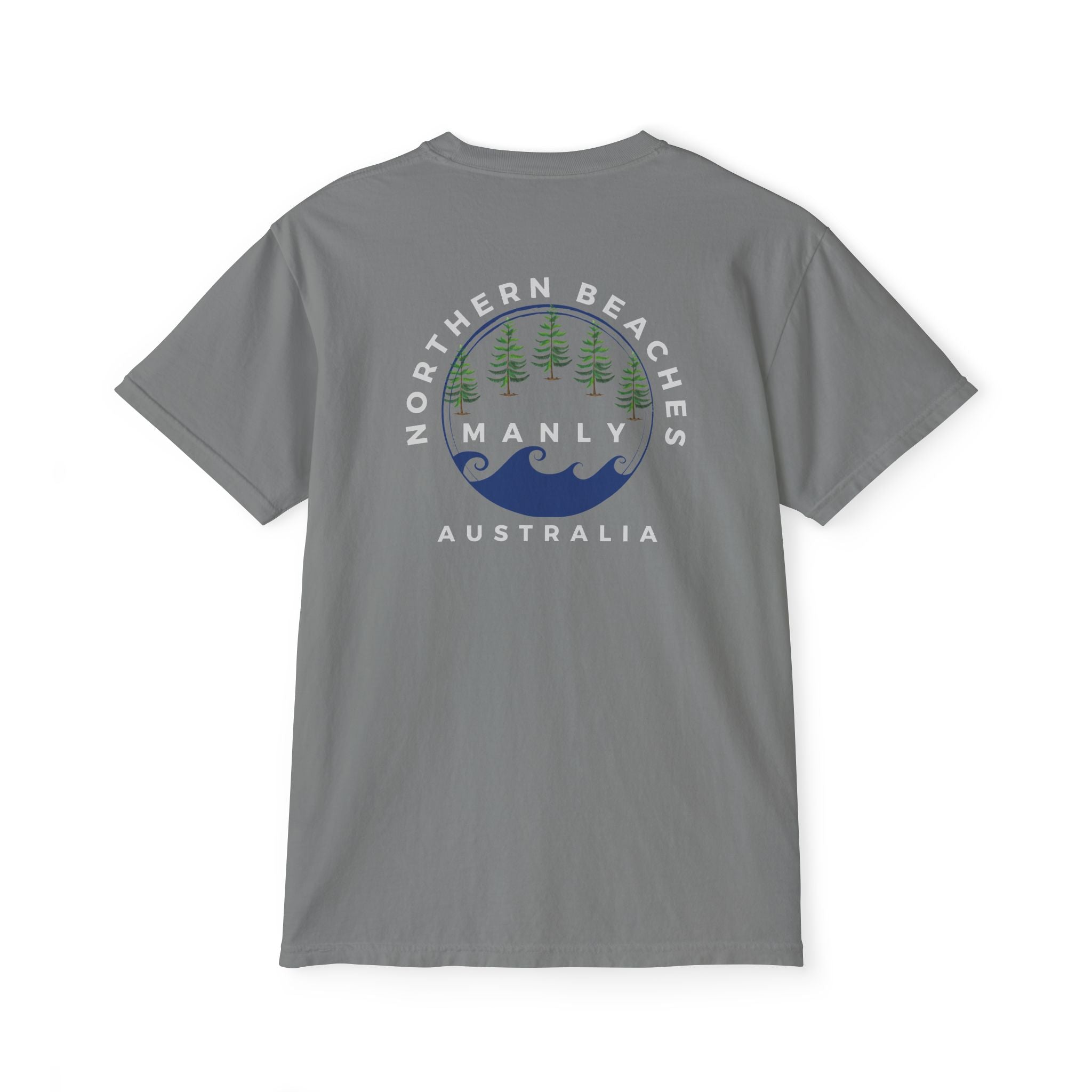 "The Westwood" Northern Beaches custom design front and back logo on Garment-Dyed Pocket T-Shirt for Nature Lovers Printify