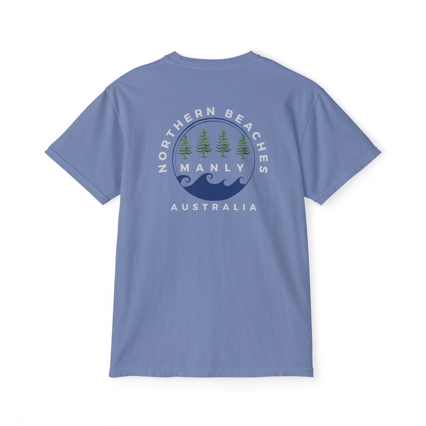 "The Westwood" Northern Beaches custom logo on front and back Pocket T-Shirt - Vintage Style for Beach Lovers