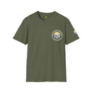 Collaroy custom logo front and sleeve. Lost Manly label. Unisex Soft style T-Shirt Printify