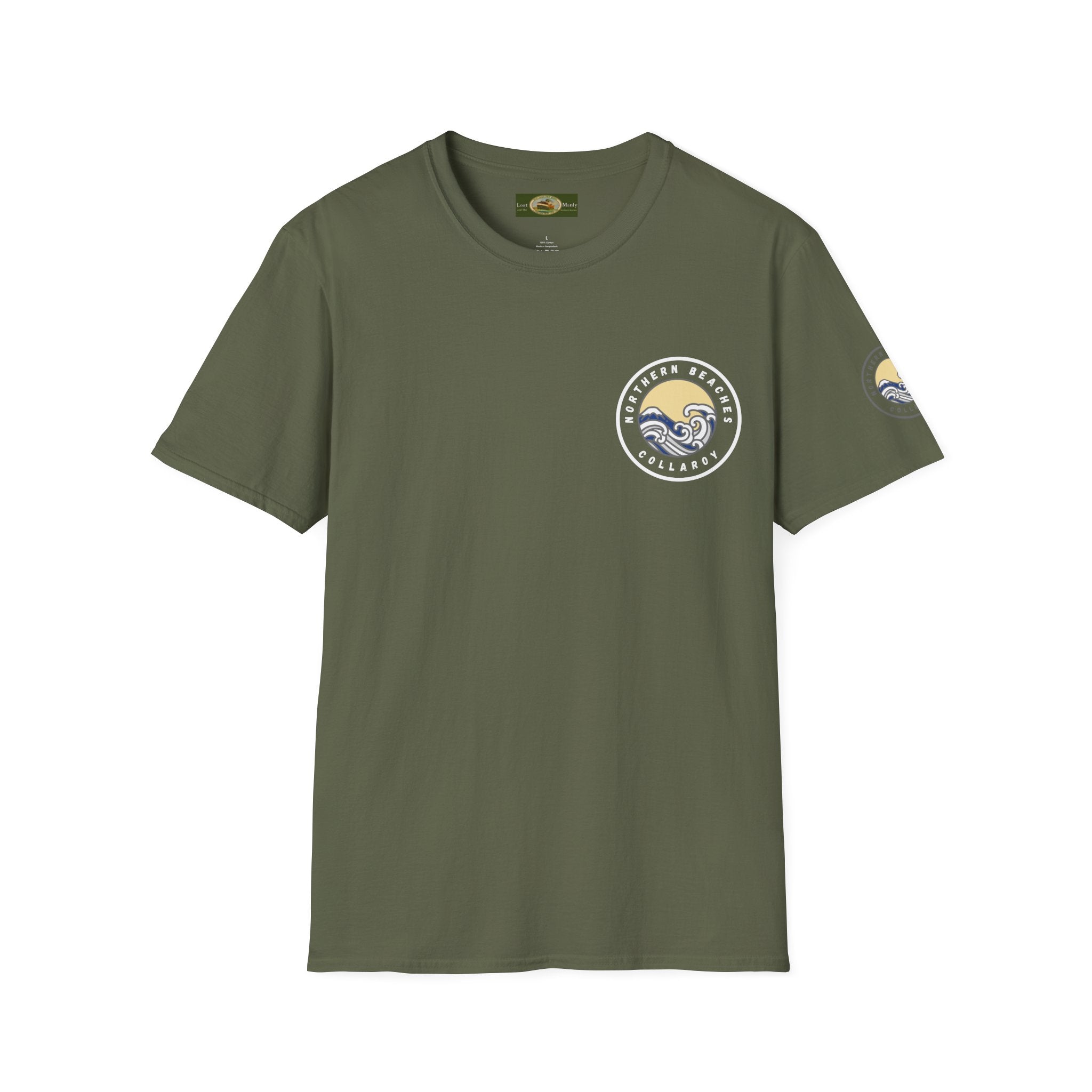 Collaroy custom logo front and sleeve. Lost Manly label. Unisex Soft style T-Shirt Printify