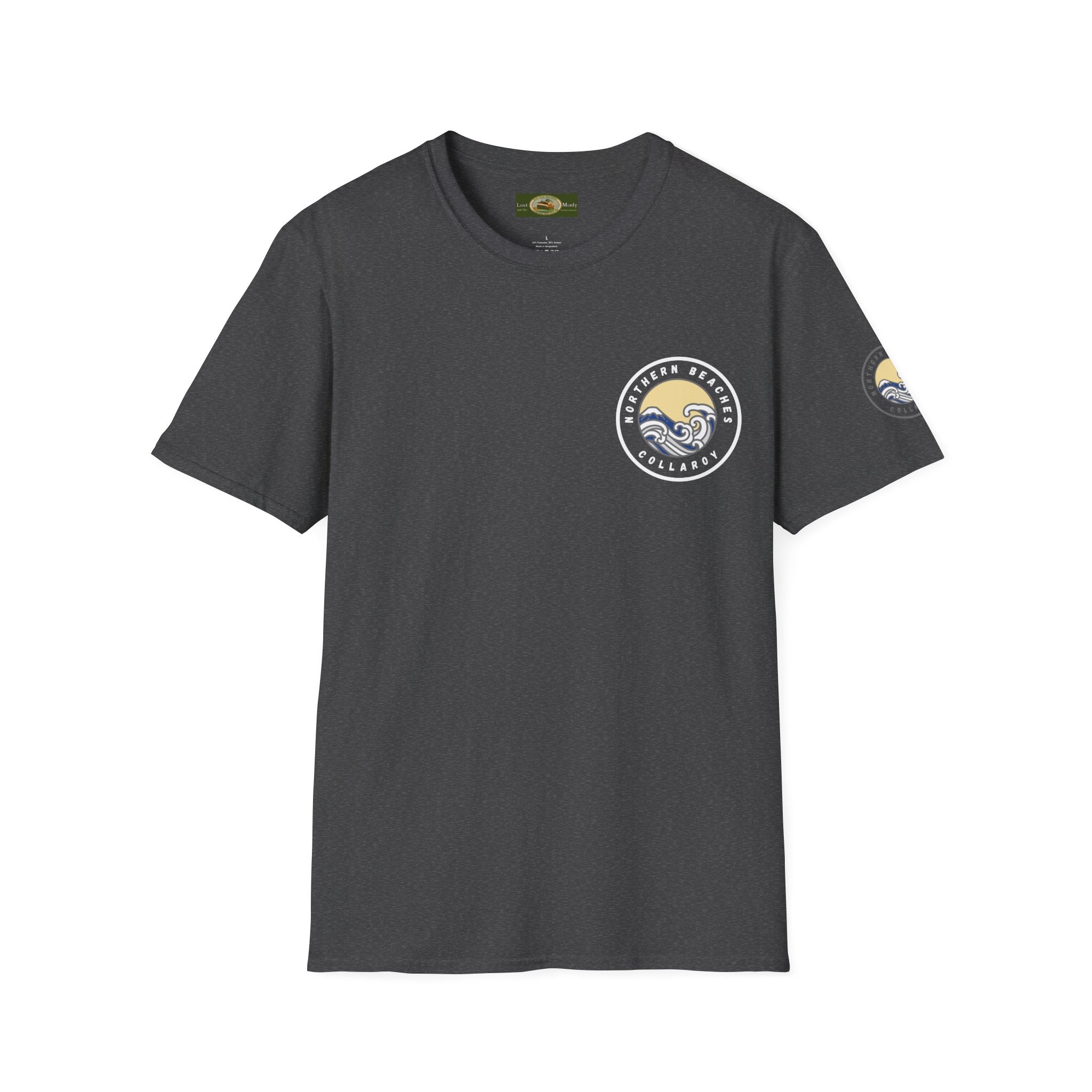 Collaroy custom logo front and sleeve. Lost Manly label. Unisex Soft style T-Shirt Printify