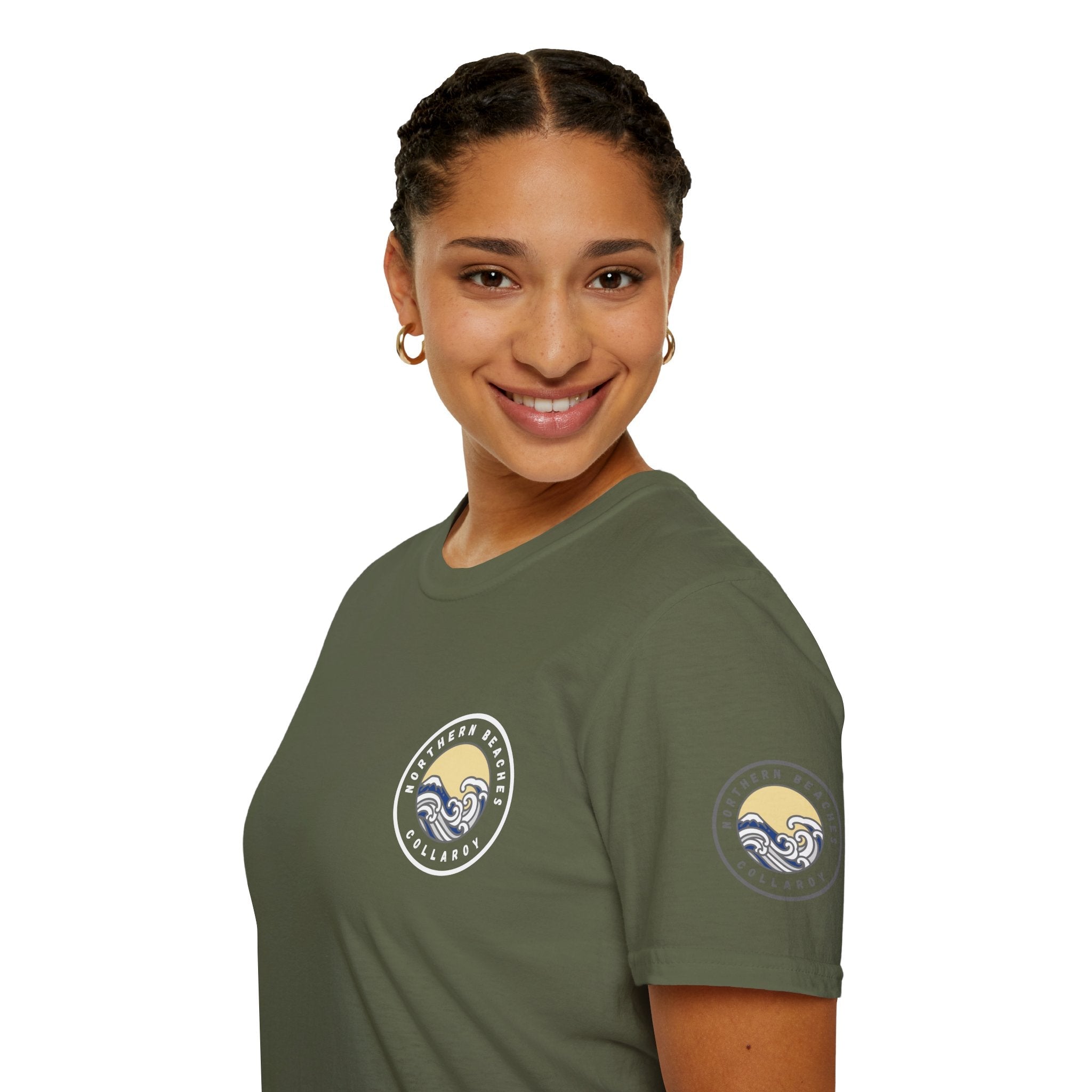 Collaroy custom logo front and sleeve. Lost Manly label. Unisex Soft style T-Shirt Printify
