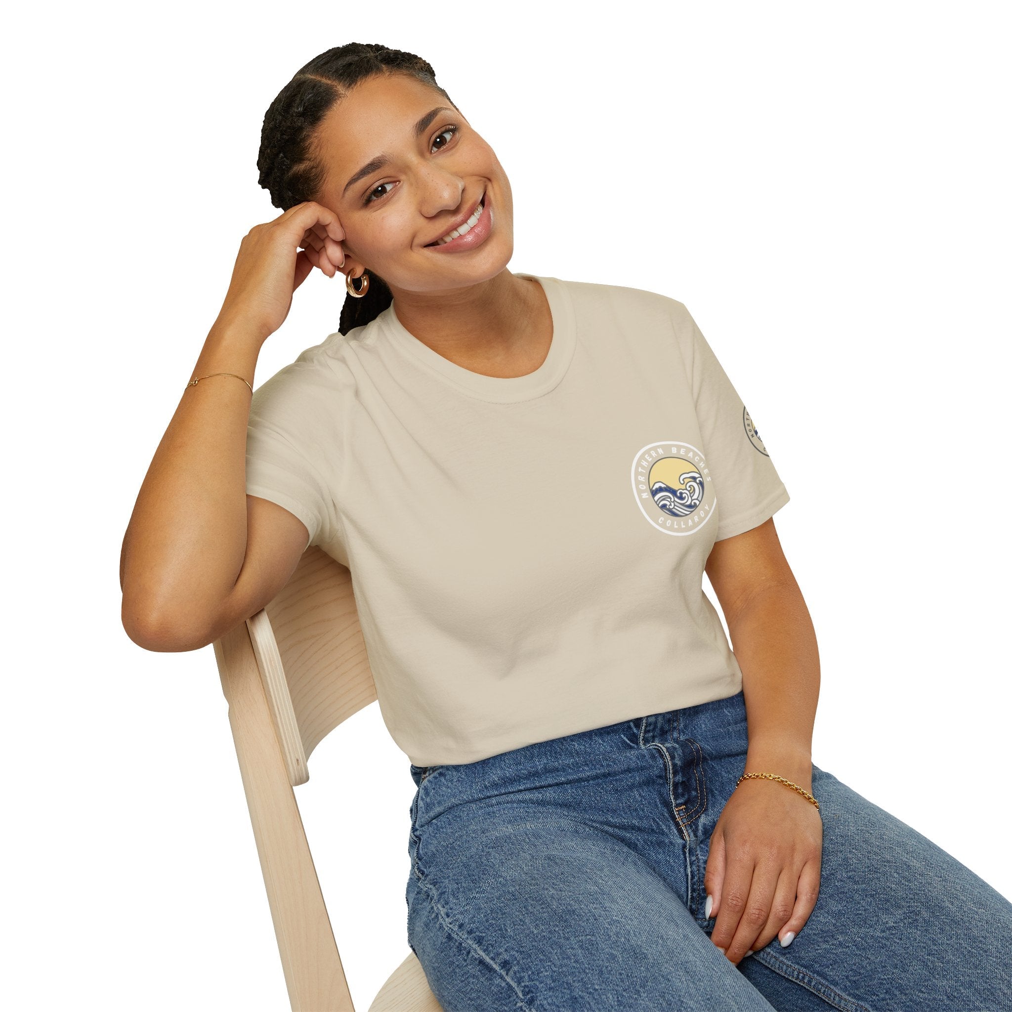 Collaroy custom logo front and sleeve. Lost Manly label. Unisex Soft style T-Shirt Printify
