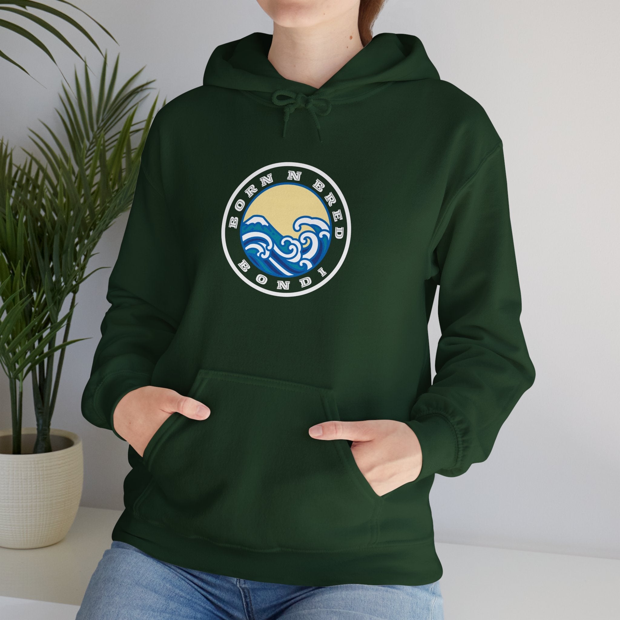 Hoodie with free Canva custom design logo front back Bondi bnb/Bilgola 