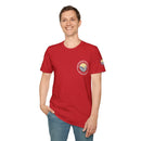 Collaroy custom logo front and sleeve. Lost Manly label. Unisex Soft style T-Shirt Printify