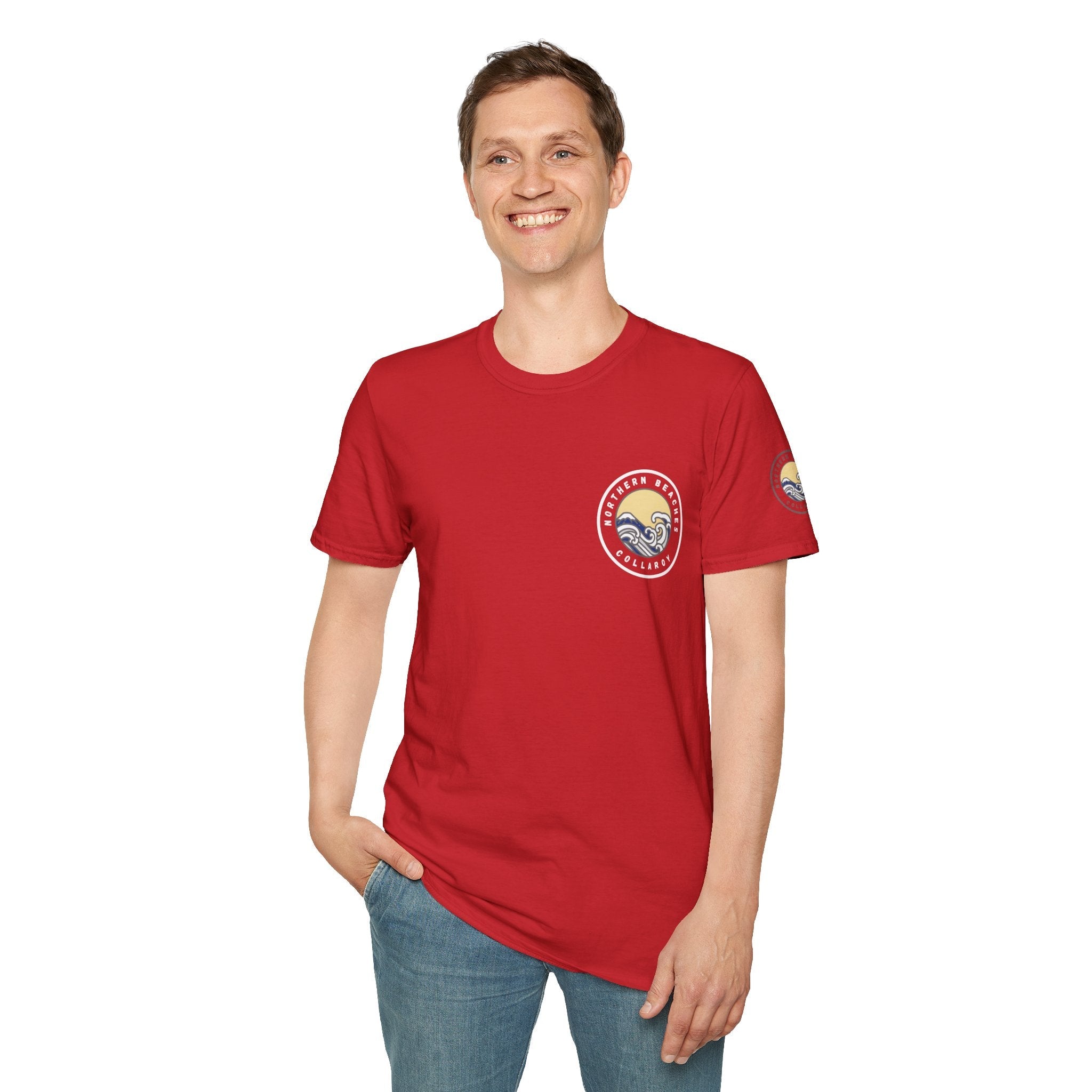 Collaroy custom logo front and sleeve. Lost Manly label. Unisex Soft style T-Shirt Printify