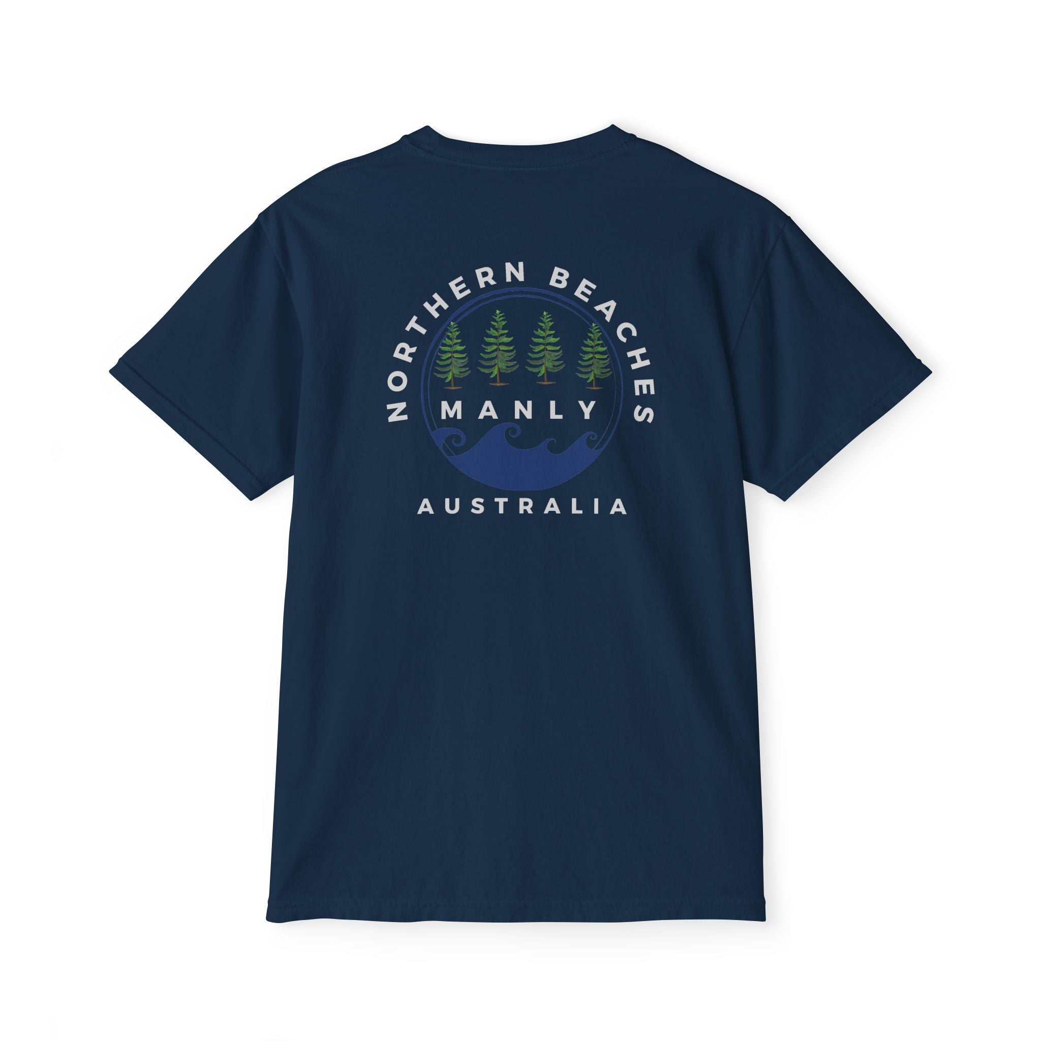 "The Westwood" Northern Beaches custom logo on front and back Pocket T-Shirt - Vintage Style for Beach Lovers Printify