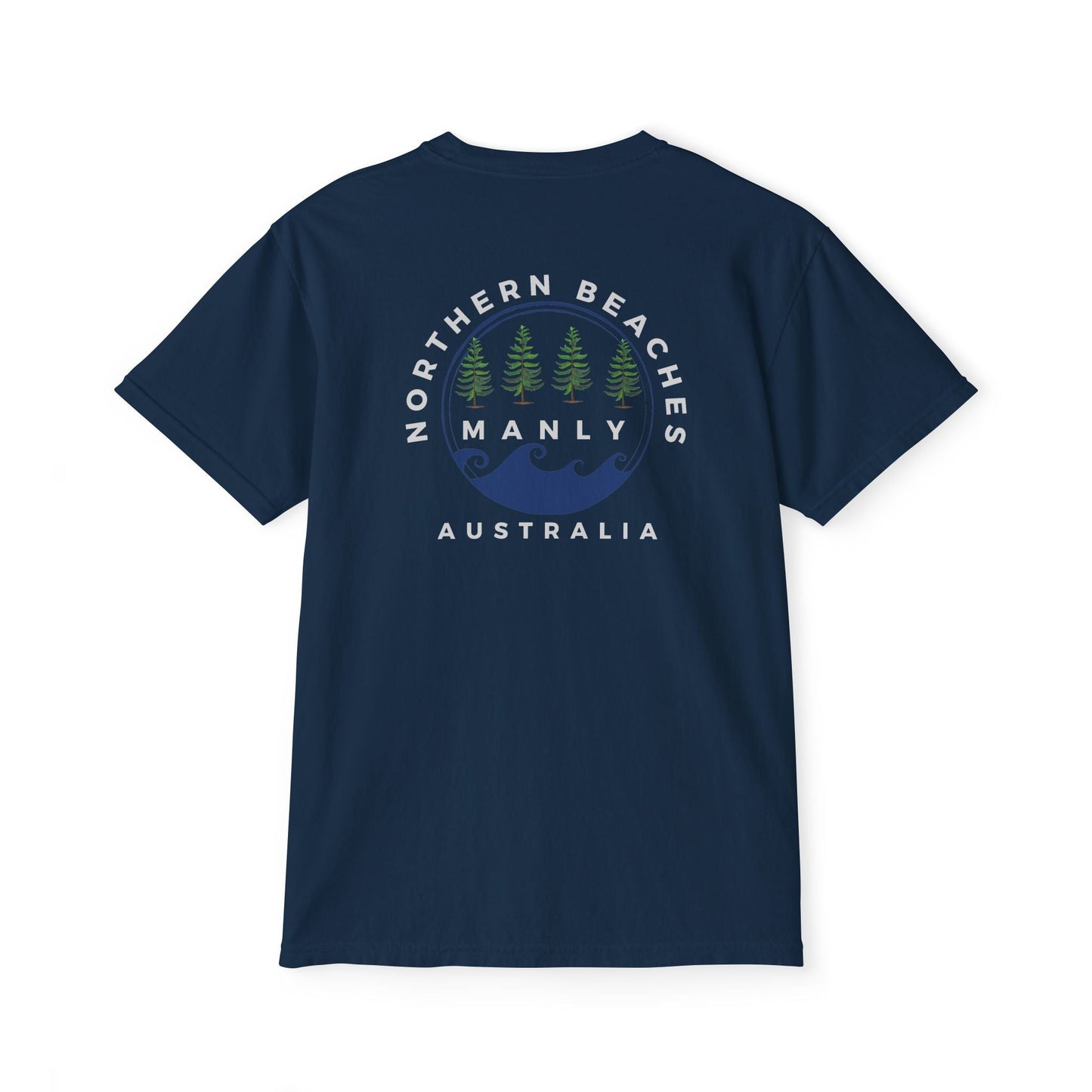 "The Westwood" Northern Beaches custom logo on front and back Pocket T-Shirt - Vintage Style for Beach Lovers