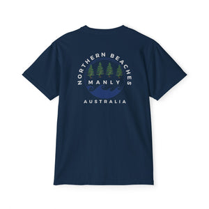 "The Westwood" Northern Beaches custom logo on front and back Pocket T-Shirt - Vintage Style for Beach Lovers Printify
