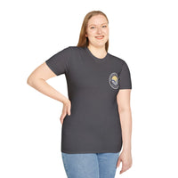 Collaroy custom logo front and sleeve. Lost Manly label. Unisex Soft style T-Shirt Printify