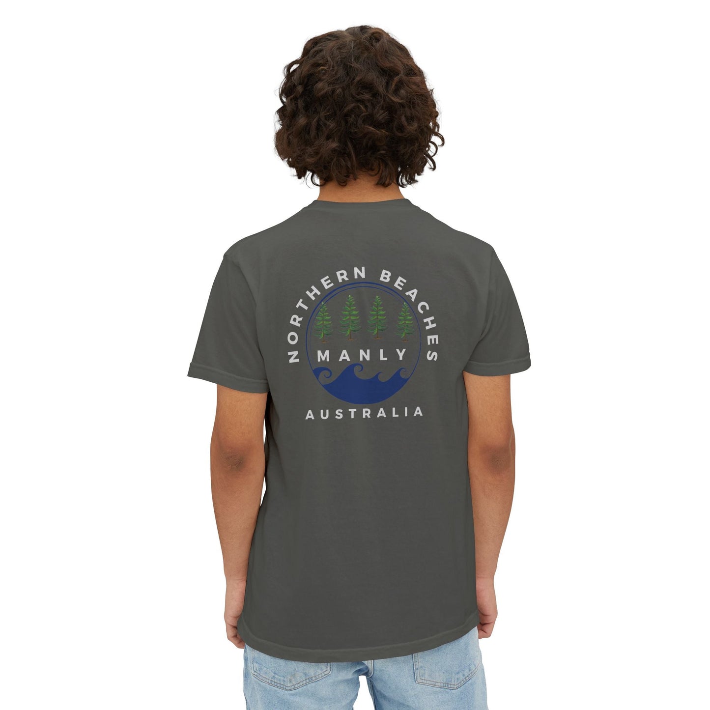 "The Westwood" Northern Beaches custom logo on front and back Pocket T-Shirt - Vintage Style for Beach Lovers