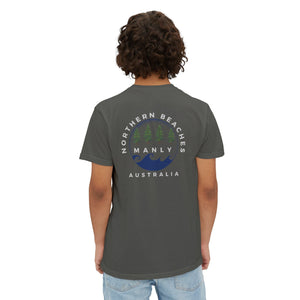 "The Westwood" Northern Beaches custom logo on front and back Pocket T-Shirt - Vintage Style for Beach Lovers Printify