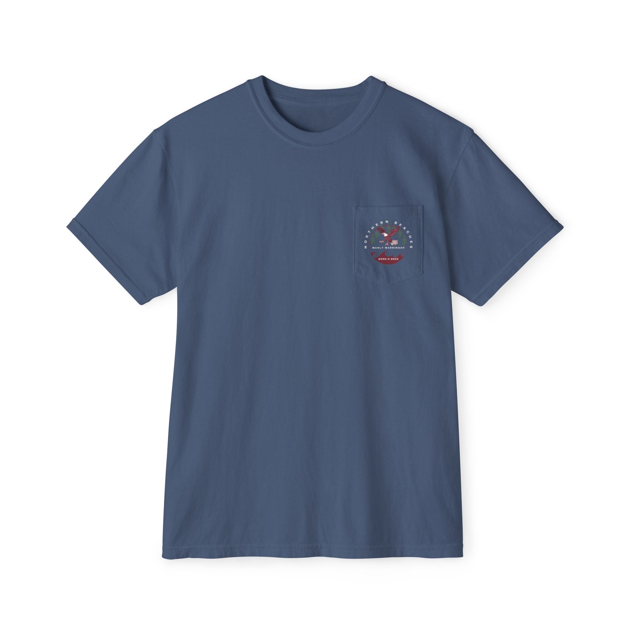 "The Westwood" Northern Beaches custom logo on front and back Pocket T-Shirt - Vintage Style for Beach Lovers Printify