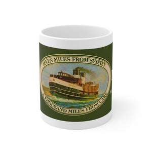 Coffee Mug - LOST MANLY LOGO 'Seven Miles from Sydney' South Steyne Travel Poster from the 1940s - 10 year Anniversary Commemorative Mug Printify