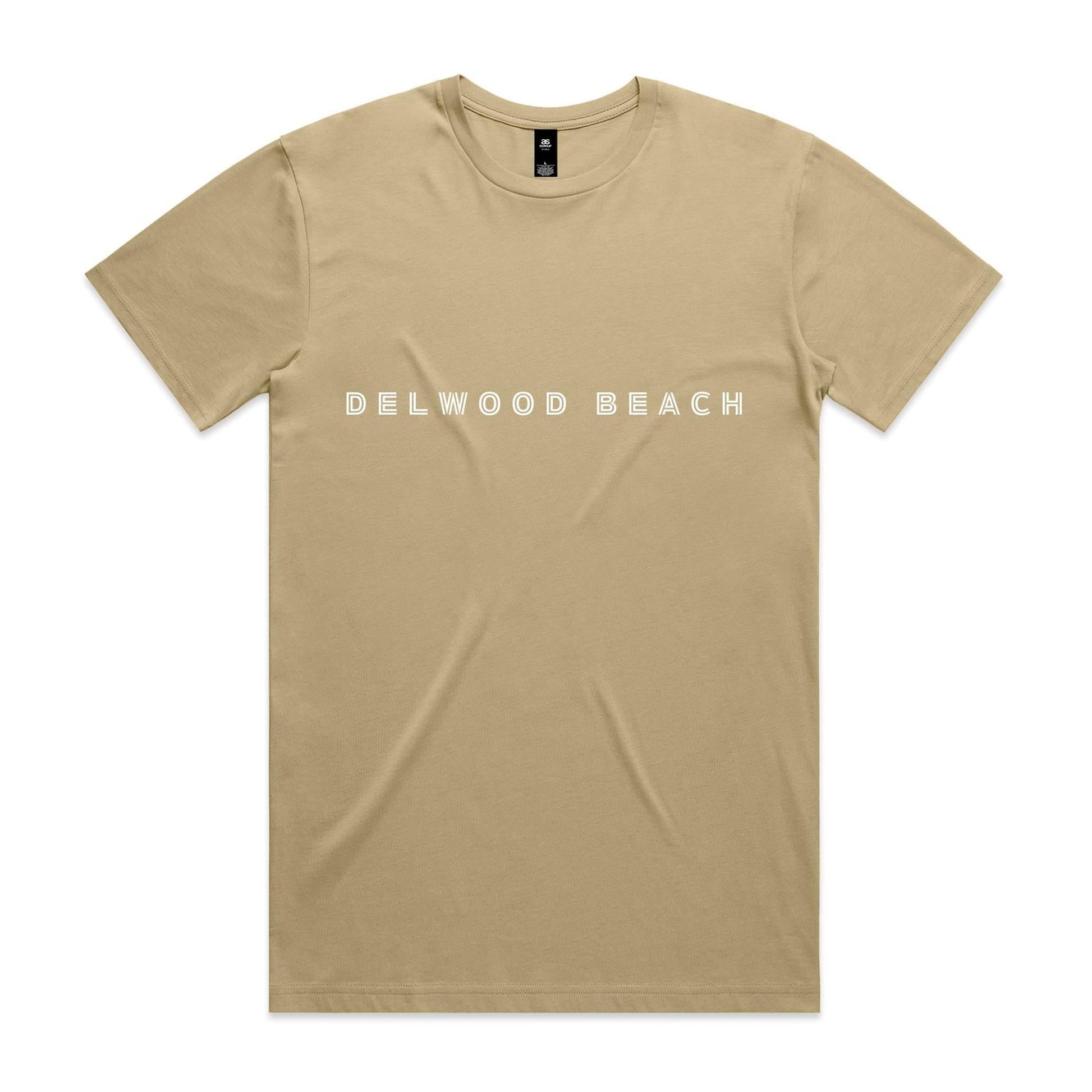Delwood Beach custom logo printed on AS Colour Staple Tee 