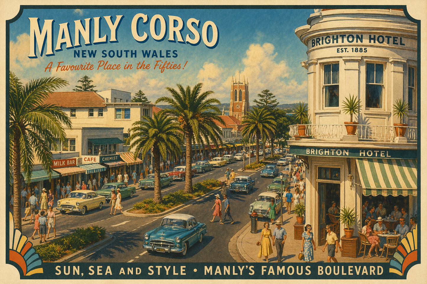 Manly Corso, New South Wales  A Favourite Place in the Fifties – Reimagined Art - Lost Manly Shop