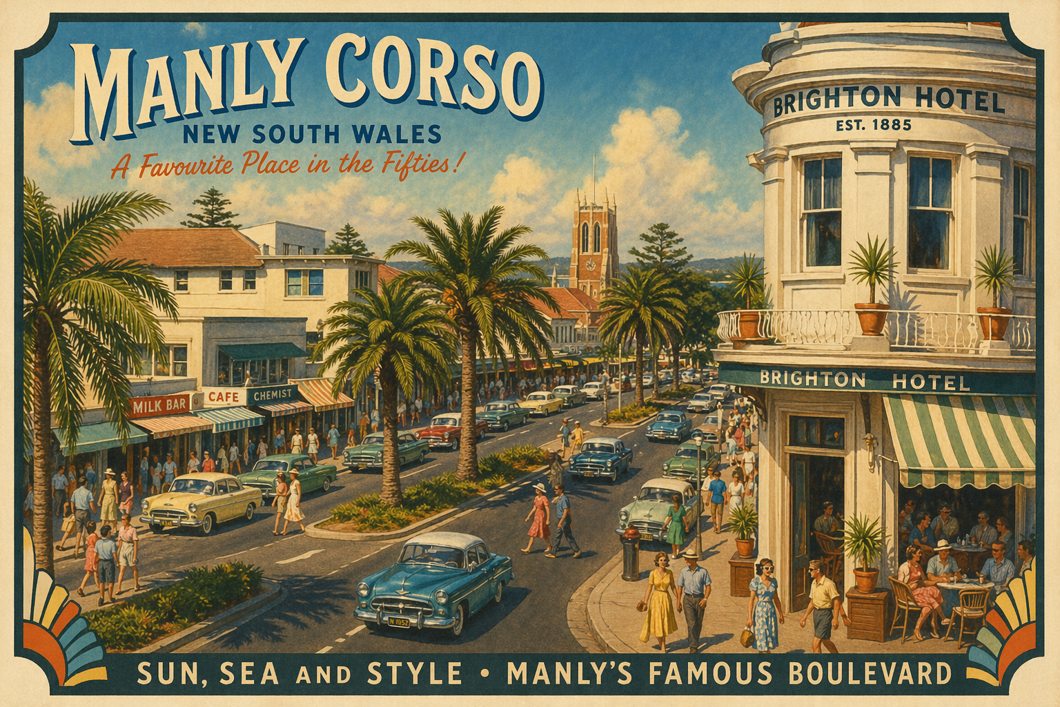 Manly Corso, New South Wales  A Favourite Place in the Fifties – Reimagined Art - Lost Manly Shop