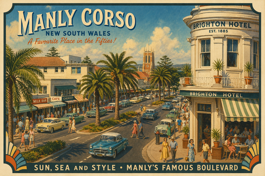 Manly Corso, New South Wales  A Favourite Place in the Fifties – Reimagined Art - Lost Manly Shop