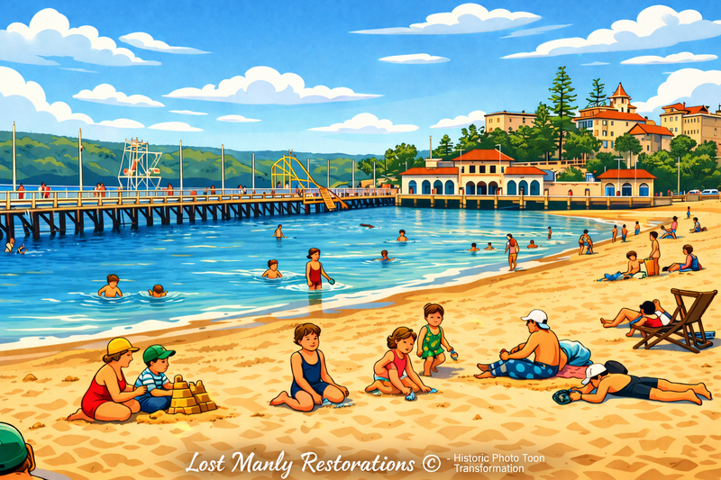 Manly Harbour Pool 1937 historic photograph
• Manly Harbour Pool promenade 1930s
• Manly Harbour Pool pavilion Manly NSW
• Lost Manly historic reimagined poster