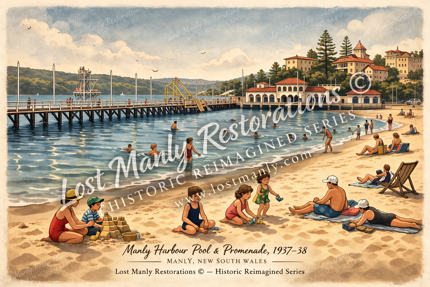 Manly Harbour Pool 1937 historic photograph
• Manly Harbour Pool promenade 1930s
• Manly Harbour Pool pavilion Manly NSW
• Lost Manly historic reimagined poster