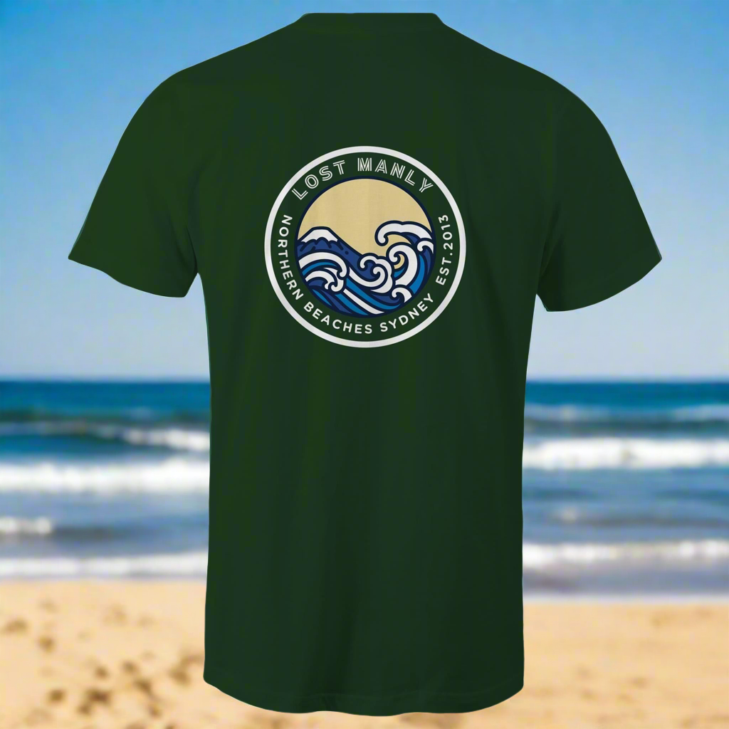 AS Colour Staple - Mens T-Shirt Lost Manly Northern Beaches Est. 2013 logo back - Lost Manly Shop