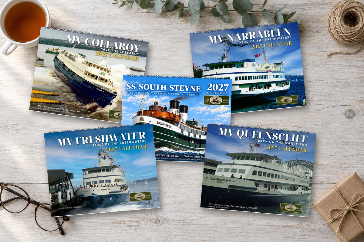 The five Lost Manly 2027 Manly Ferry calendars on a table