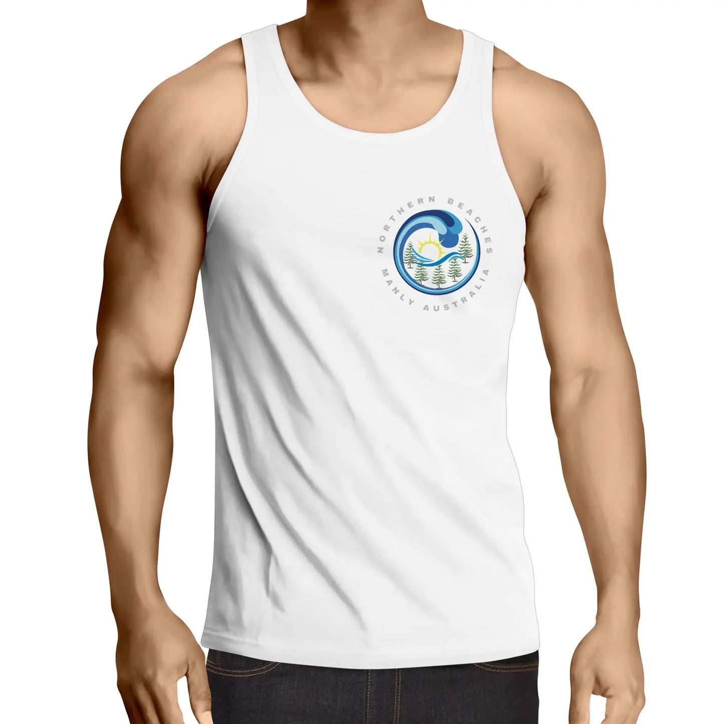 Northern Beaches Manly Australia front and back logo on AS Colour Adult Cotton Singlet 