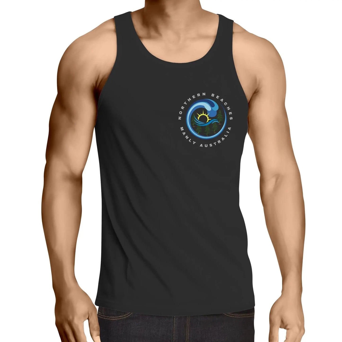Northern Beaches Manly Australia front and back logo on AS Colour Adult Cotton Singlet 