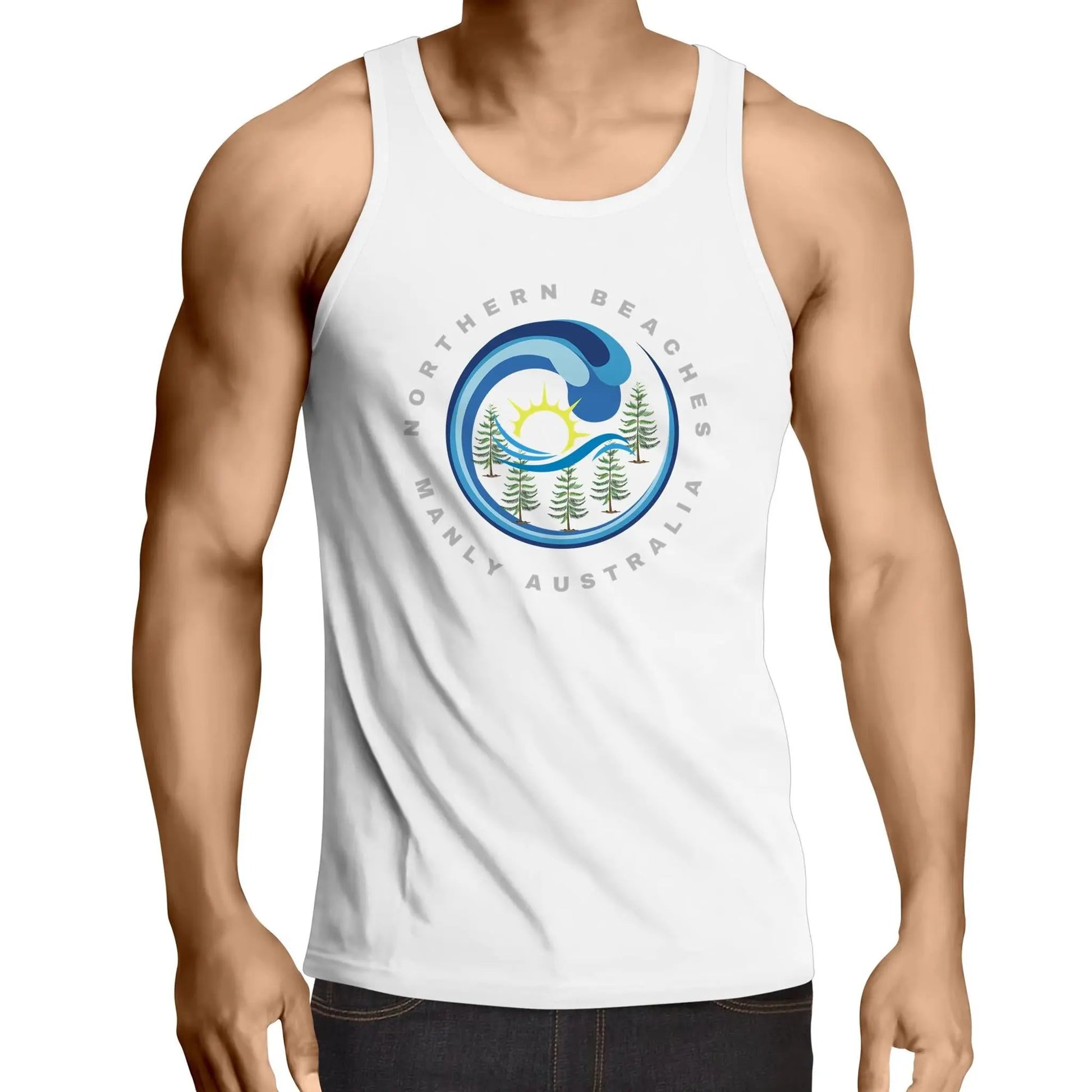 Northern Beaches Manly Australia front logo on AS Colour Cotton Singlet 