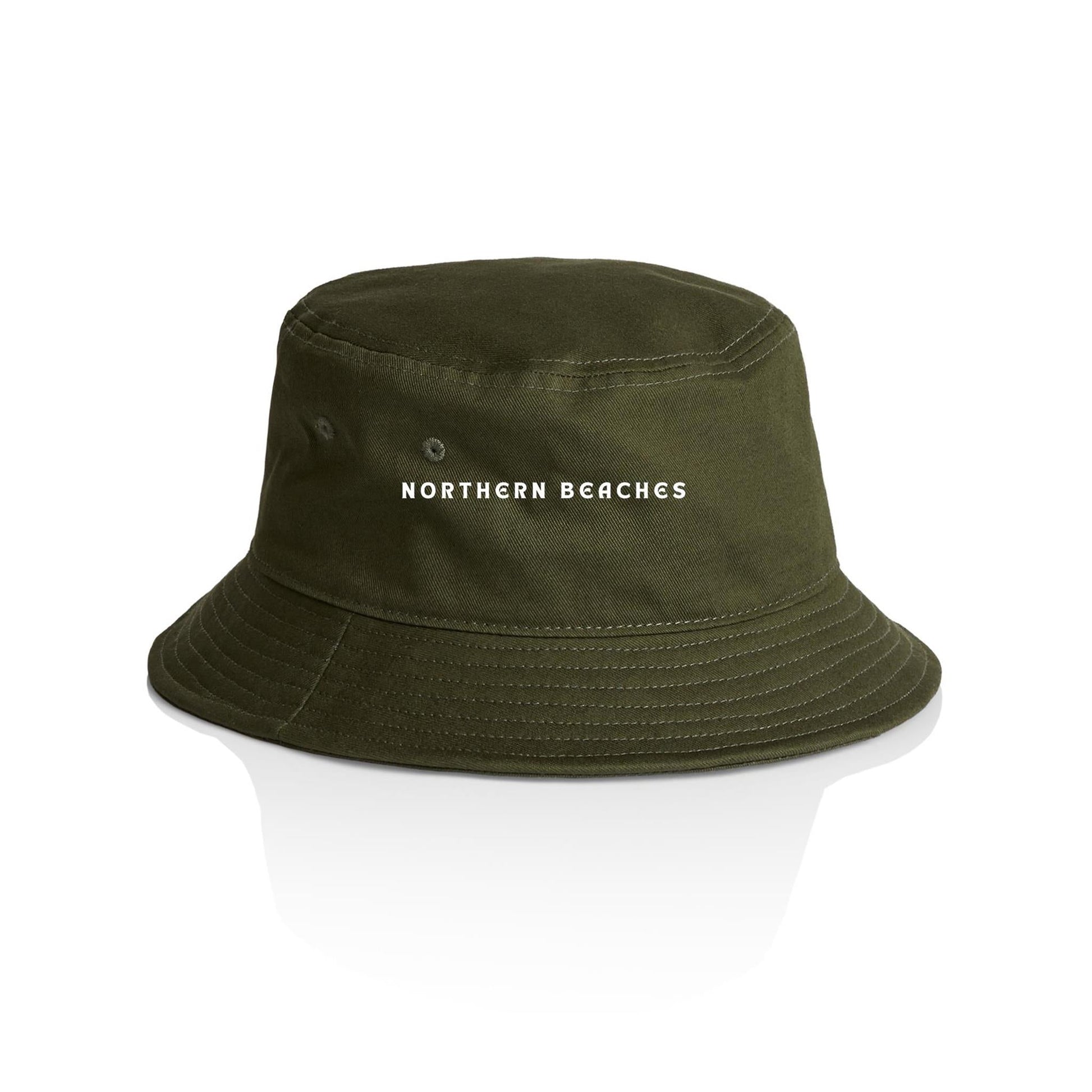 AS Colour Bucket Hat Northern Beaches custom logo white font 