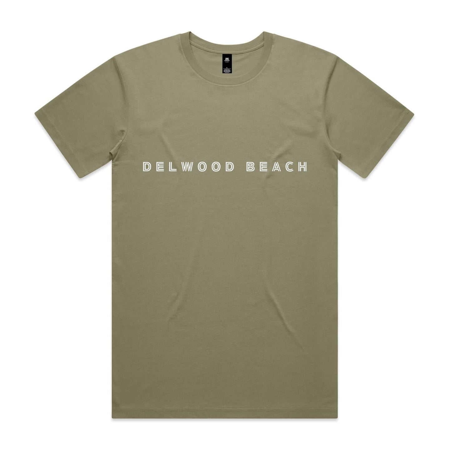 Delwood Beach custom logo printed on AS Colour Staple Tee 