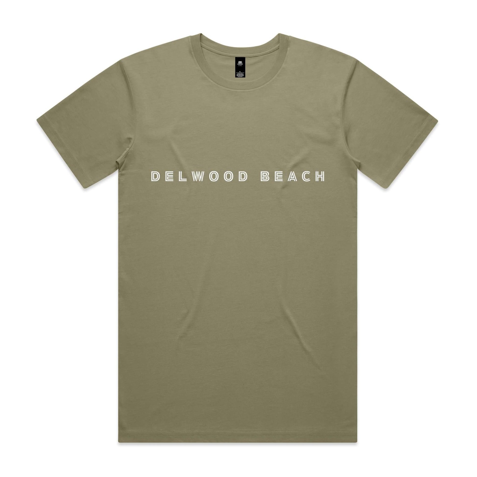 Delwood Beach custom logo printed on AS Colour Staple Tee 