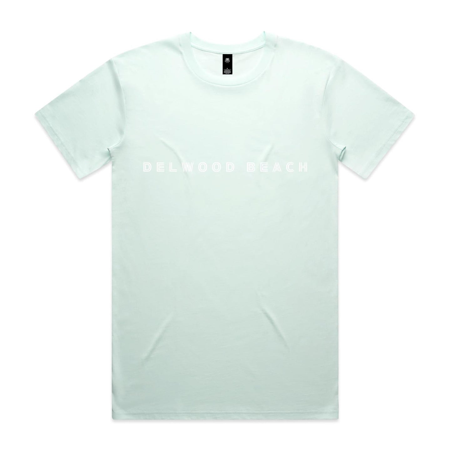 Delwood Beach custom logo printed on AS Colour Staple Tee 